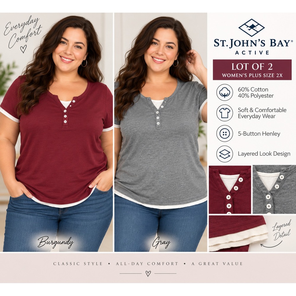 St Johns Bay Active Shirt Lot 2 Womens 2X Plus Red Gray Layered Henley